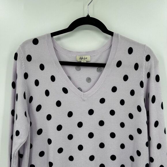 STYLE & CO. Lavender Purple Black Polka Dot V-Neck Cozy Sweater Size Large - Picture 3 of 6